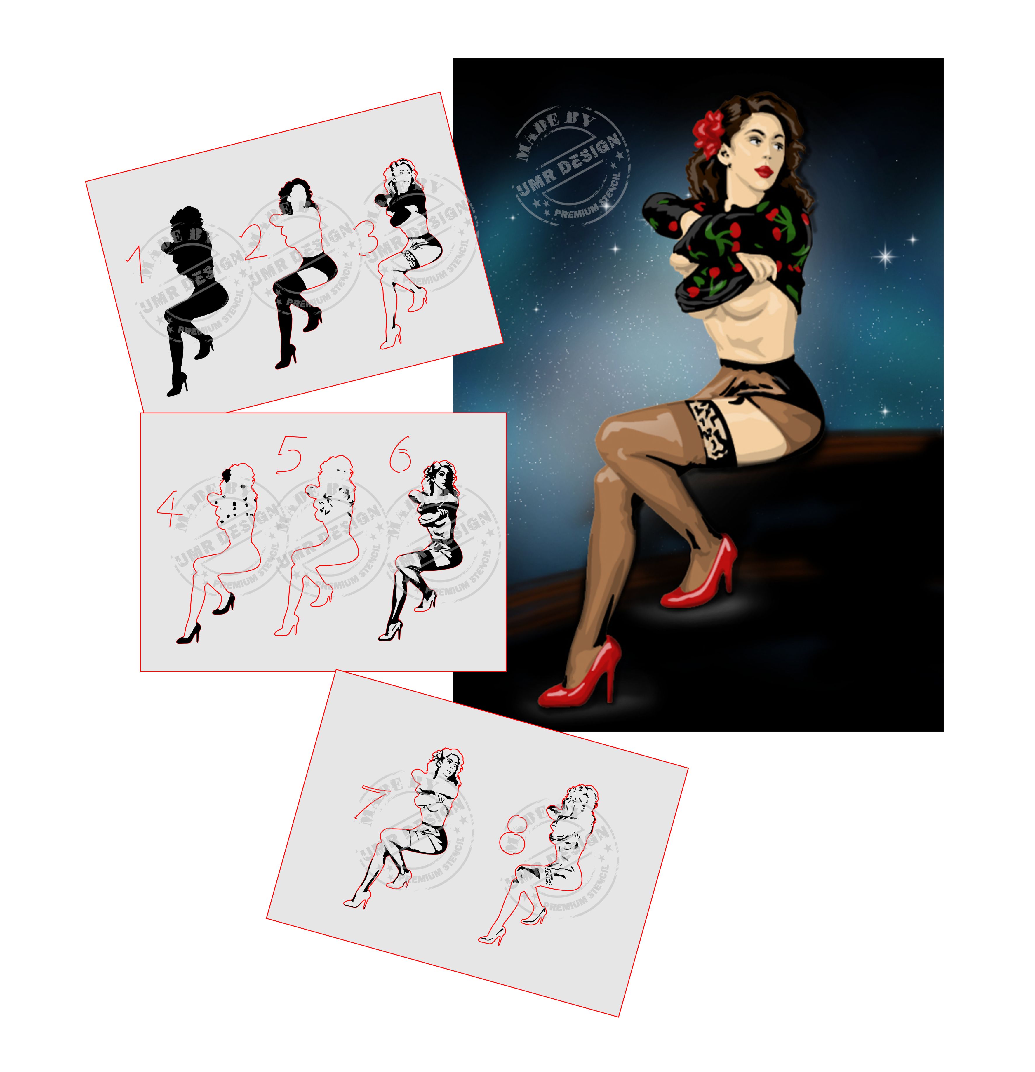 AS-328 PinUp Pulli Step by Step Airbrushschablone Größe M