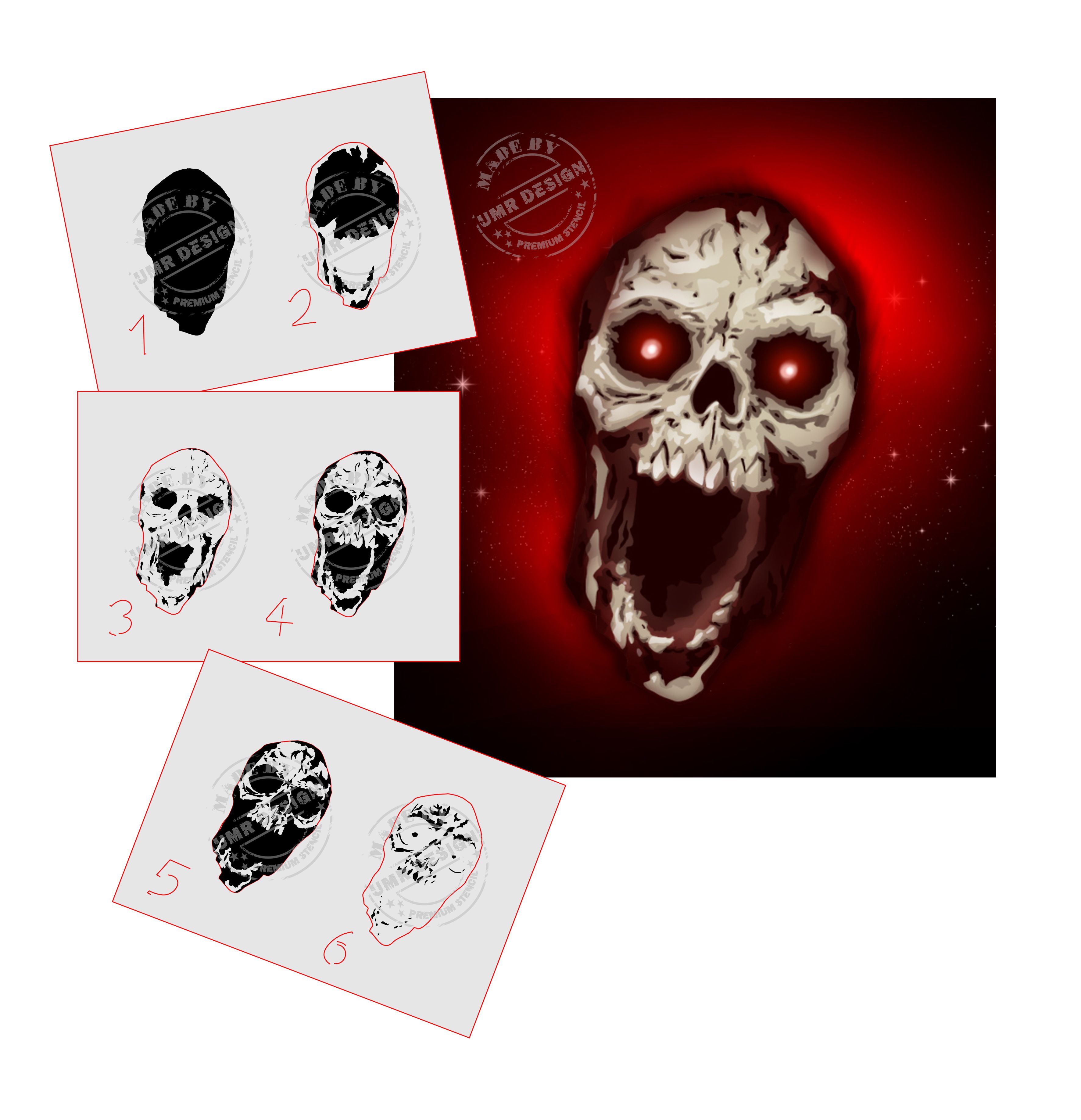 UMR-DESiGN AS-323 Schädel, Scream Step by Step Schablone für Acryl, Airbrush, Spray, Lacke und Wandfarbe Größe L