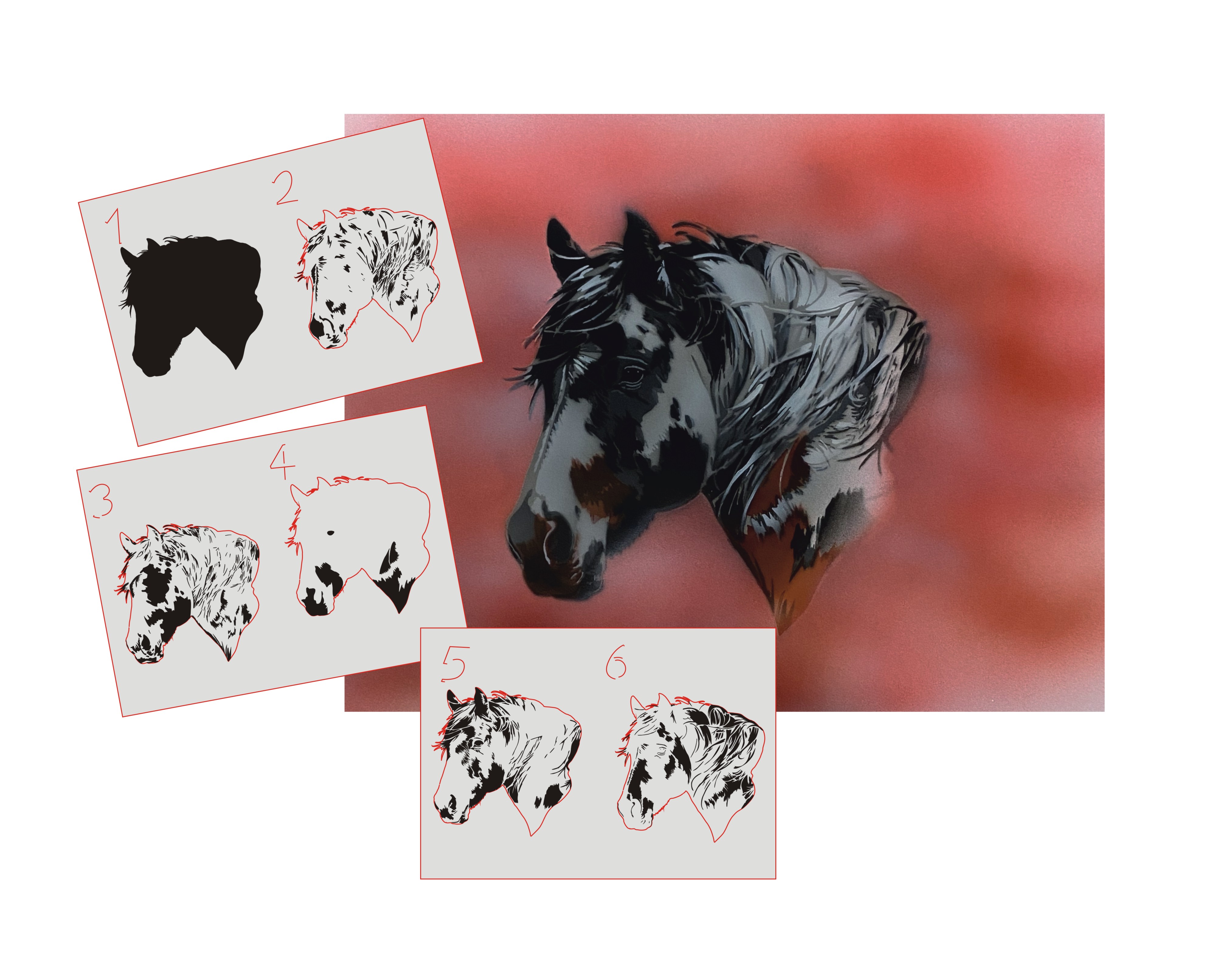 AS-390 Pferd Step by Step Schablone für Acryl, Airbrush, Spray, Lacke und Wandfarbe Größe S