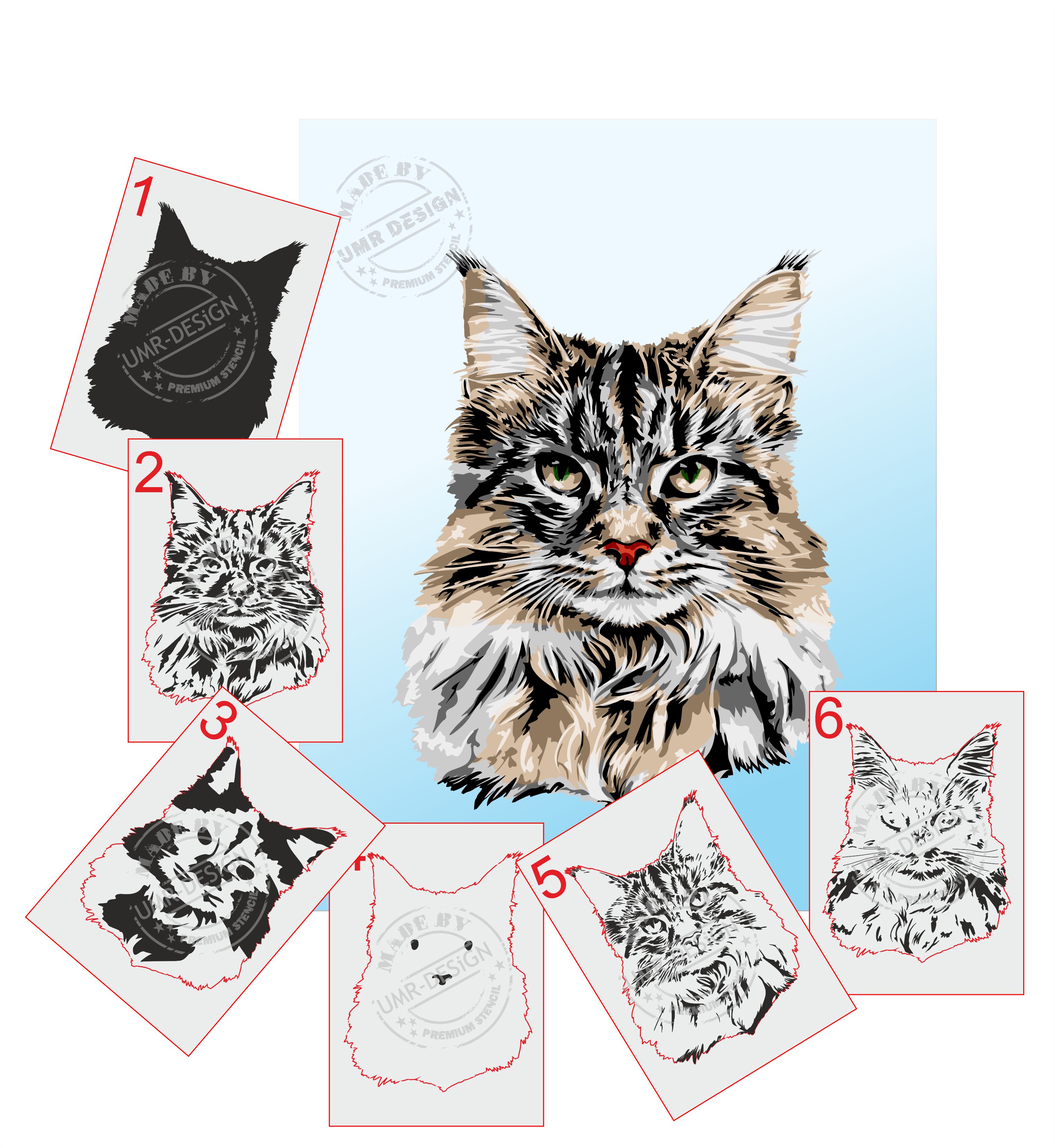 AS-406 Maine Coon Katze Step by Step Schablone für Acryl, Airbrush, Spray, Lacke und Wandfarbe Größe XL