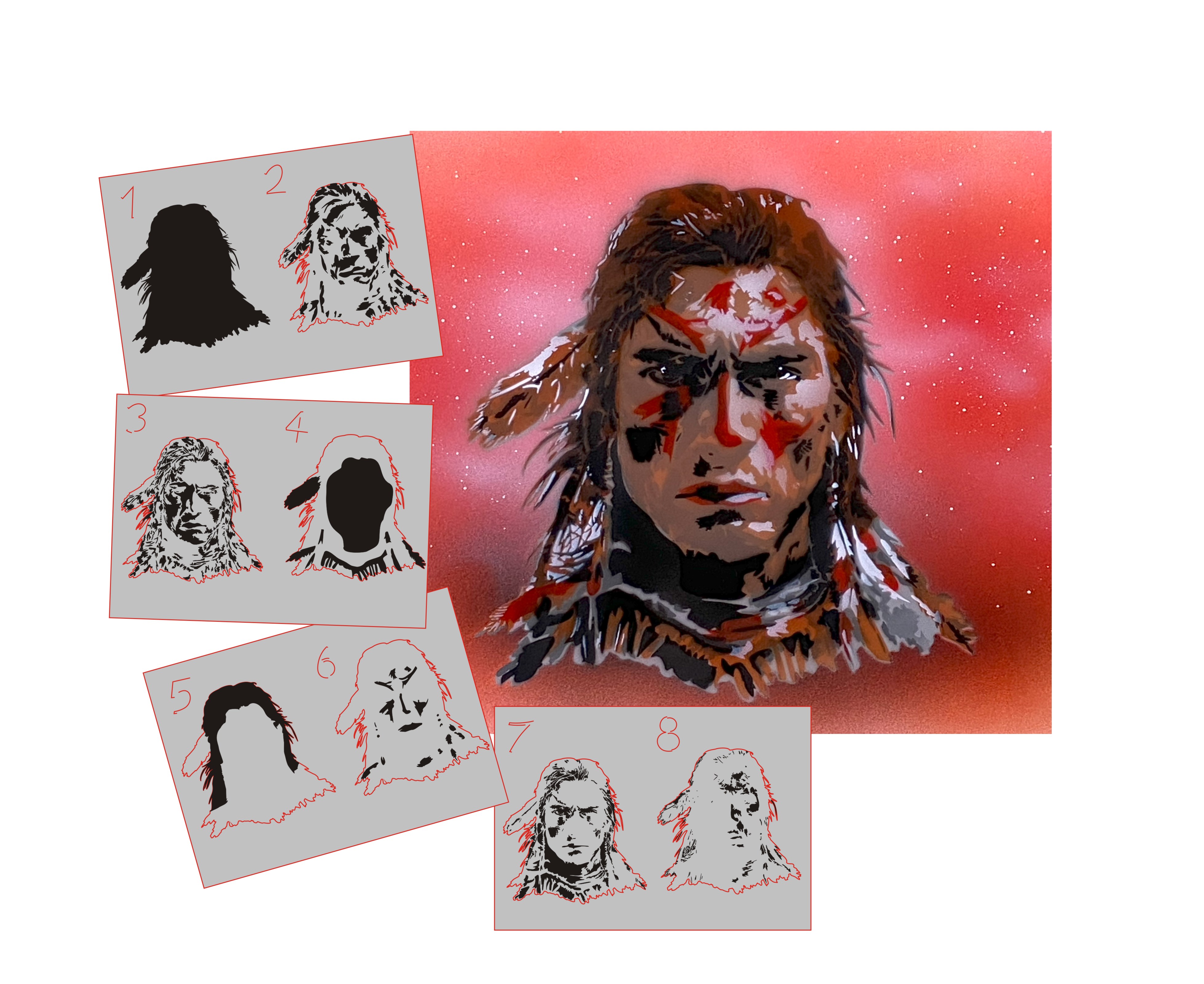 AS-385 Indianer Step by Step Schablone für Acryl, Airbrush, Spray, Lacke und Wandfarbe  Größe XL