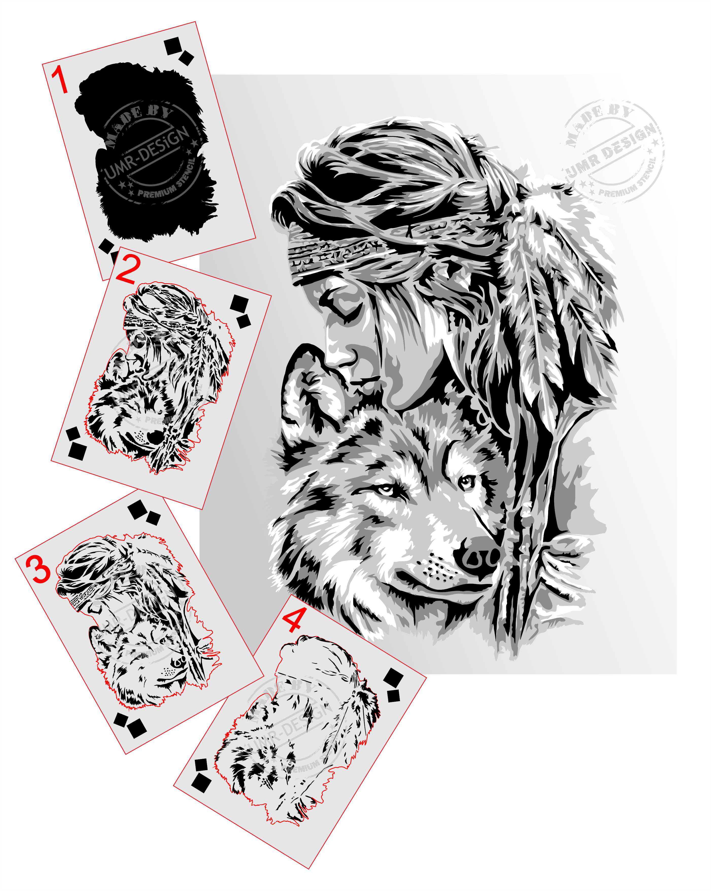 AS-409 Indianerin mit Wolf Step by Step Schablone für Acryl, Airbrush, Spray, Lacke und Wandfarbe Größe L