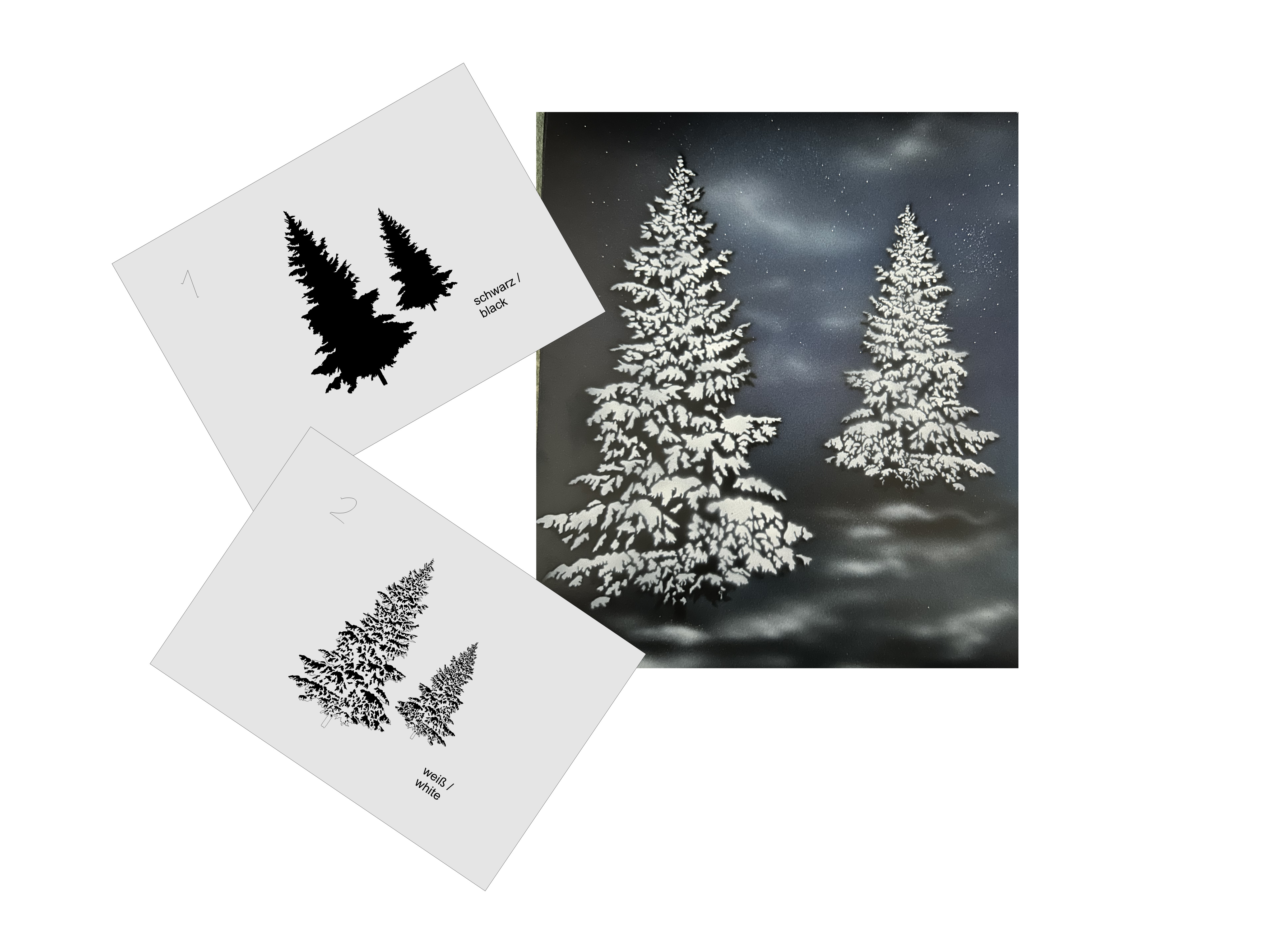 AS-353 Schnee Tannen / Snow fir trees Step by Step Airbrushschablone XL