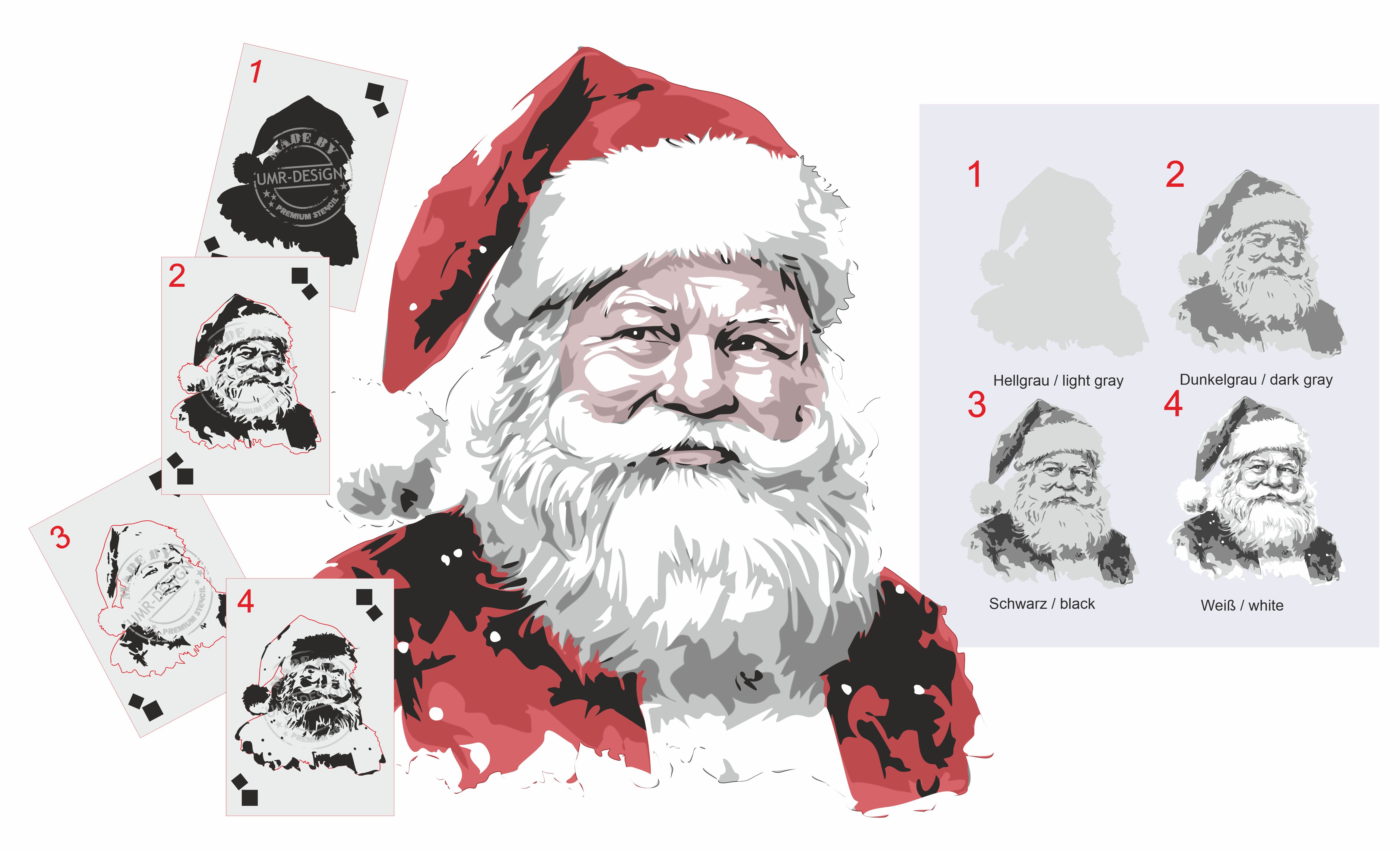 AS-410 zwei Santa Claus / Weihnachtsmann Step by Step Schablonen für Acryl, Airbrush, Spray, Lacke und Wandfarbe Größe M