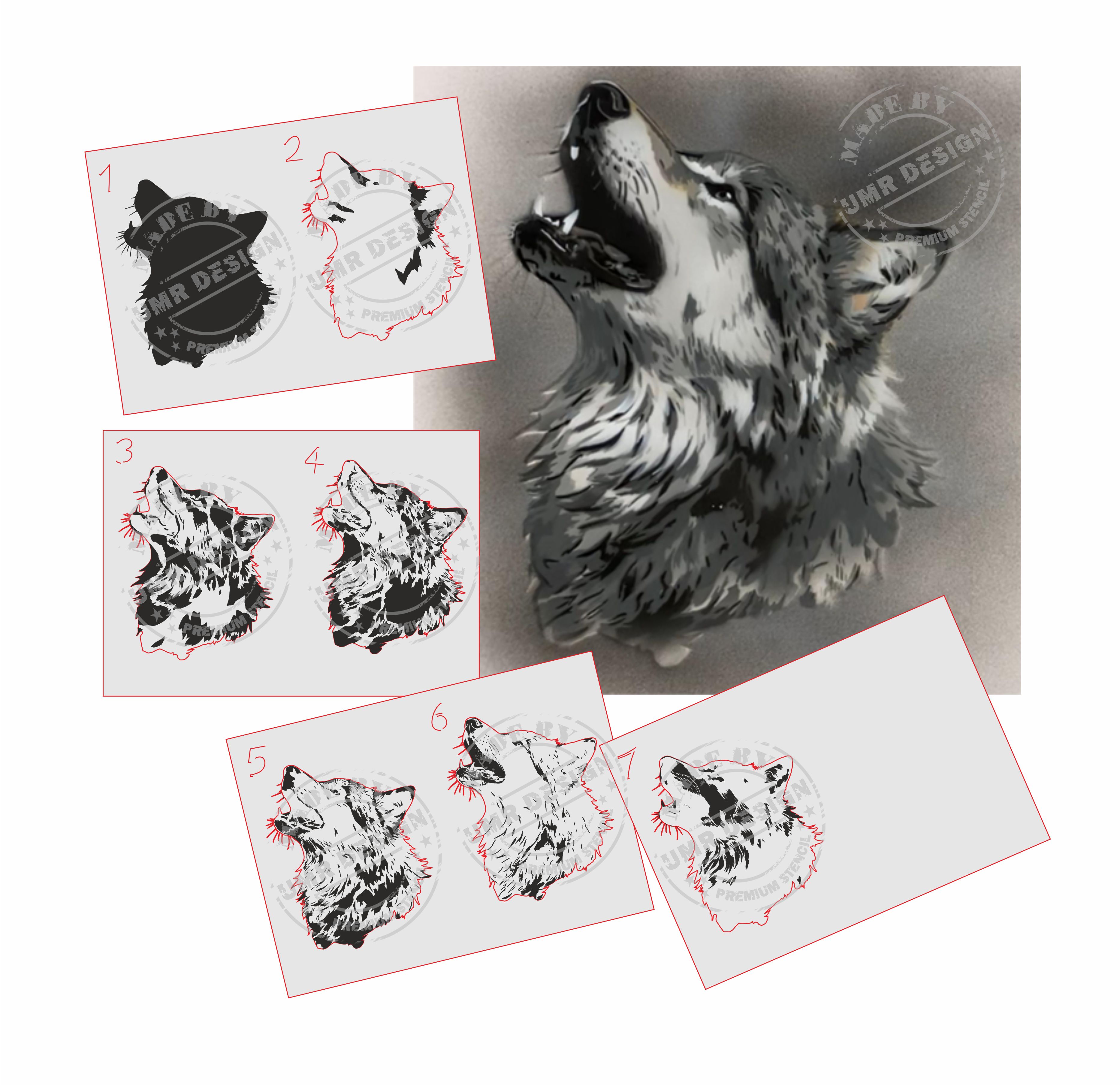 AS-363 Wolf Step by Step Schablone für Acryl, Airbrush, Spray, Lacke und Wandfarbe Größe XL, UMR-DESiGN 