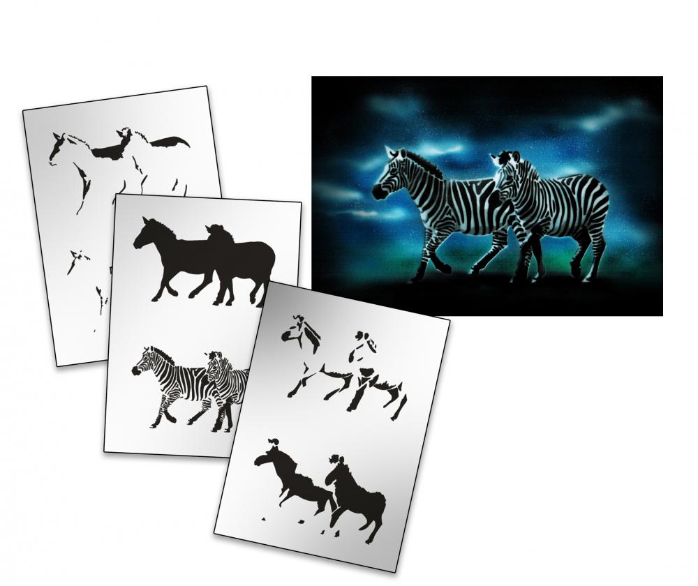 AS-159 Zebraherde Step by Step Airbrushschablone Größe XL