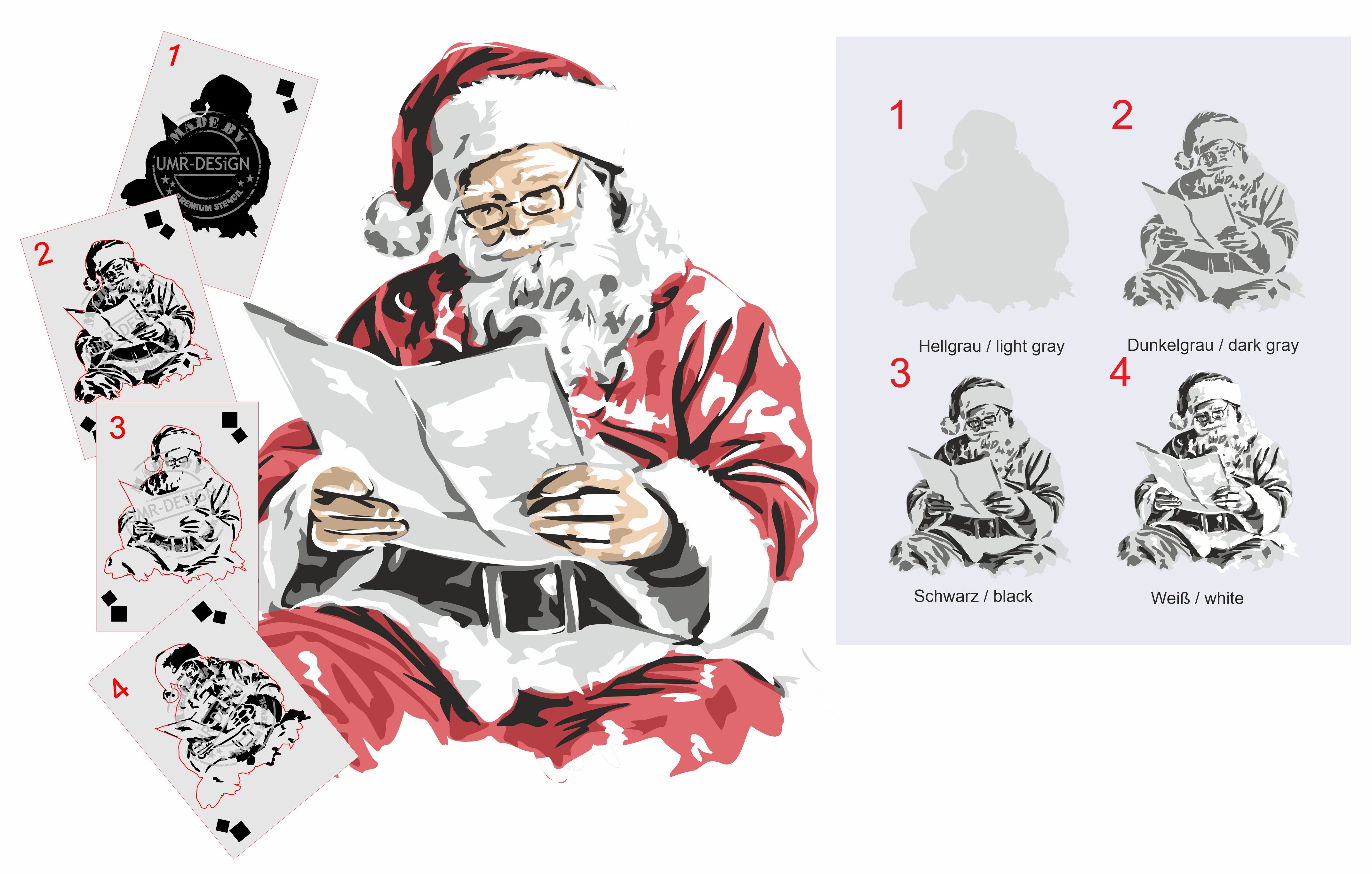 AS-410 zwei Santa Claus / Weihnachtsmann Step by Step Schablonen für Acryl, Airbrush, Spray, Lacke und Wandfarbe Größe M