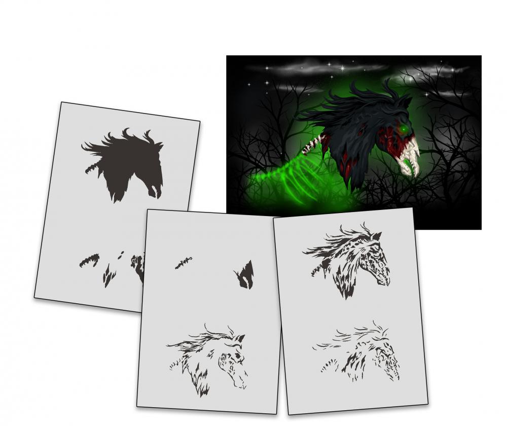 AS-305 Zombie Pferd Step by Step Airbrushschablone Größe M